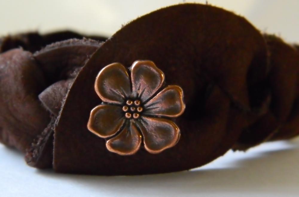 Hand Braided Soft Leather Cuff With Copper Flower Button